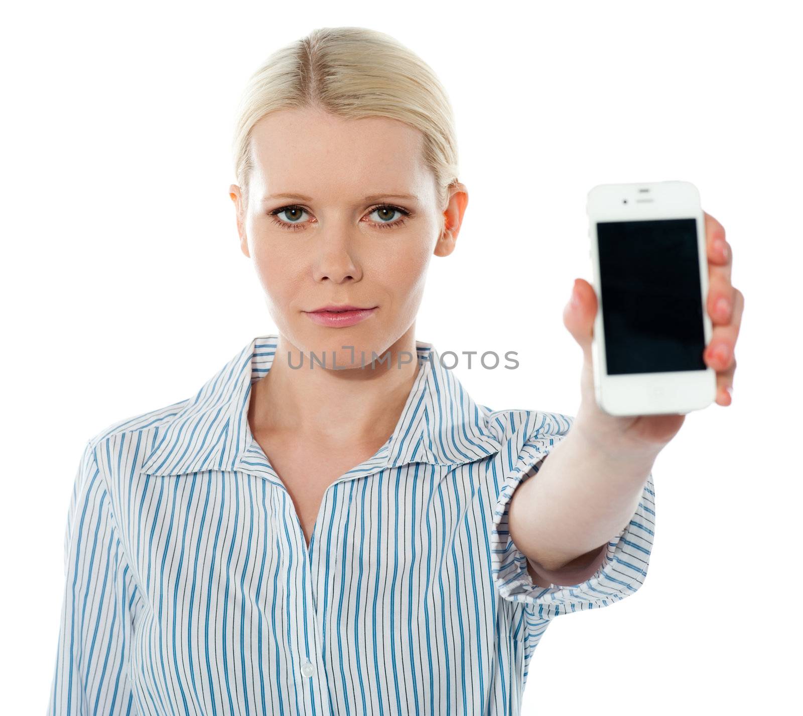 Corporate female communicating on phone against white background by stockyimages
