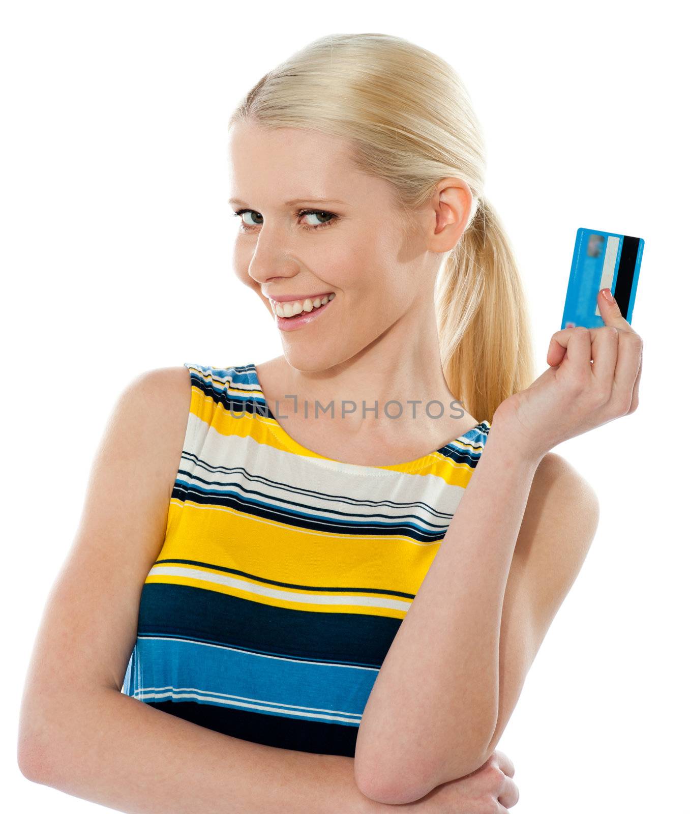 Blond salesgirl posing with credit card by stockyimages