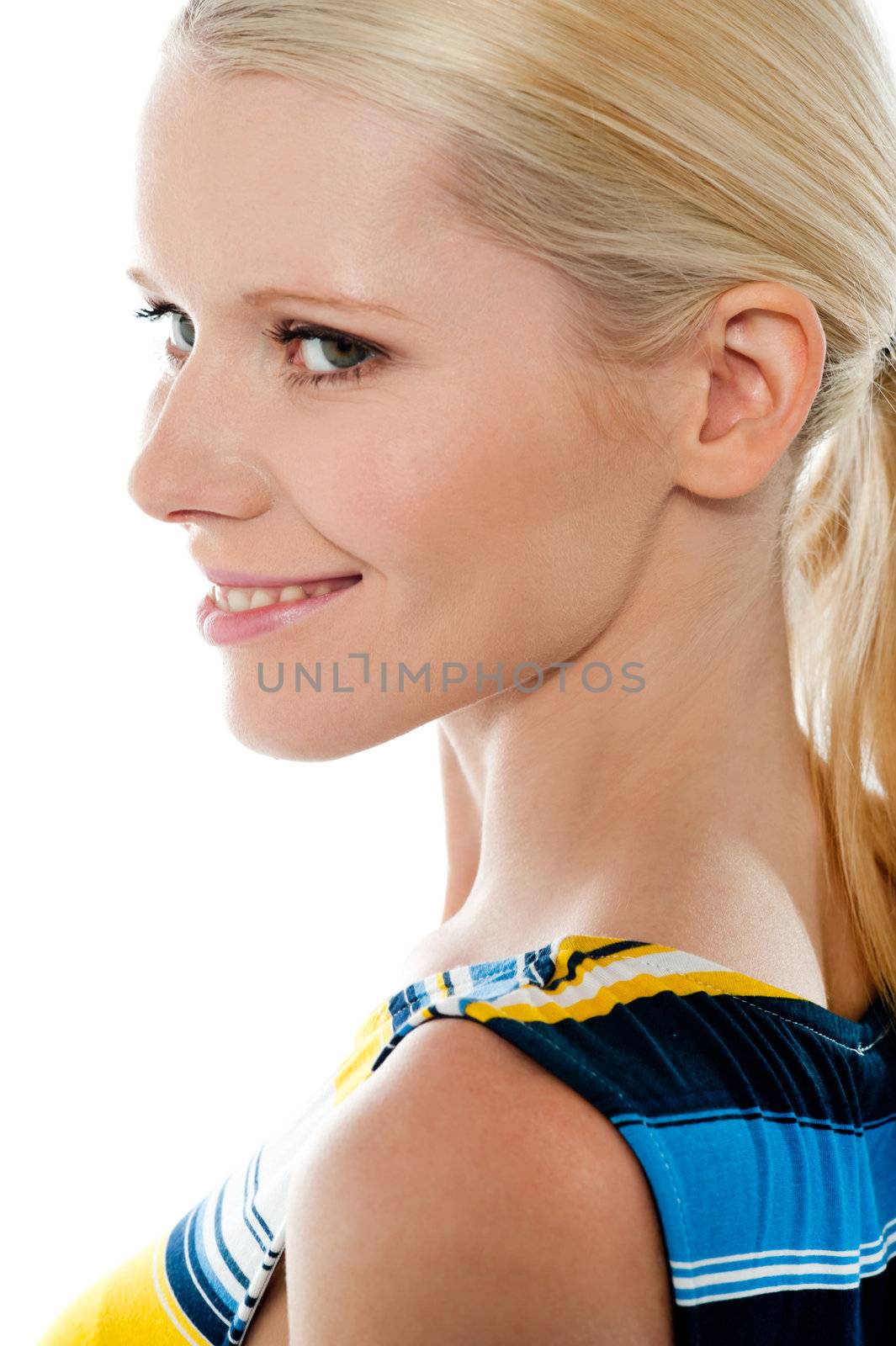 Side view of blond pretty woman, closeup shot isolated over white background