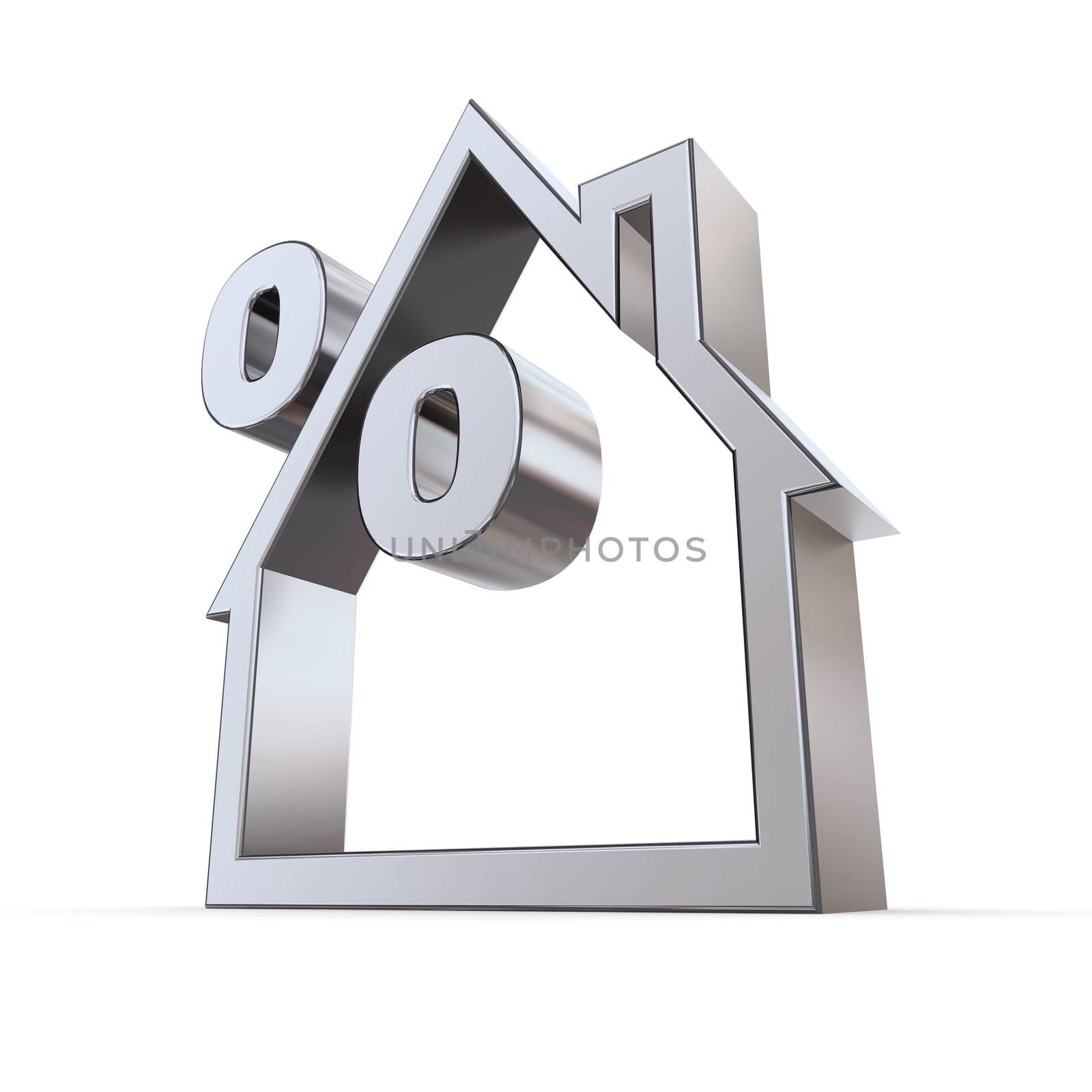 metallic outline of a house on white background with a percent symbol formed by the roof