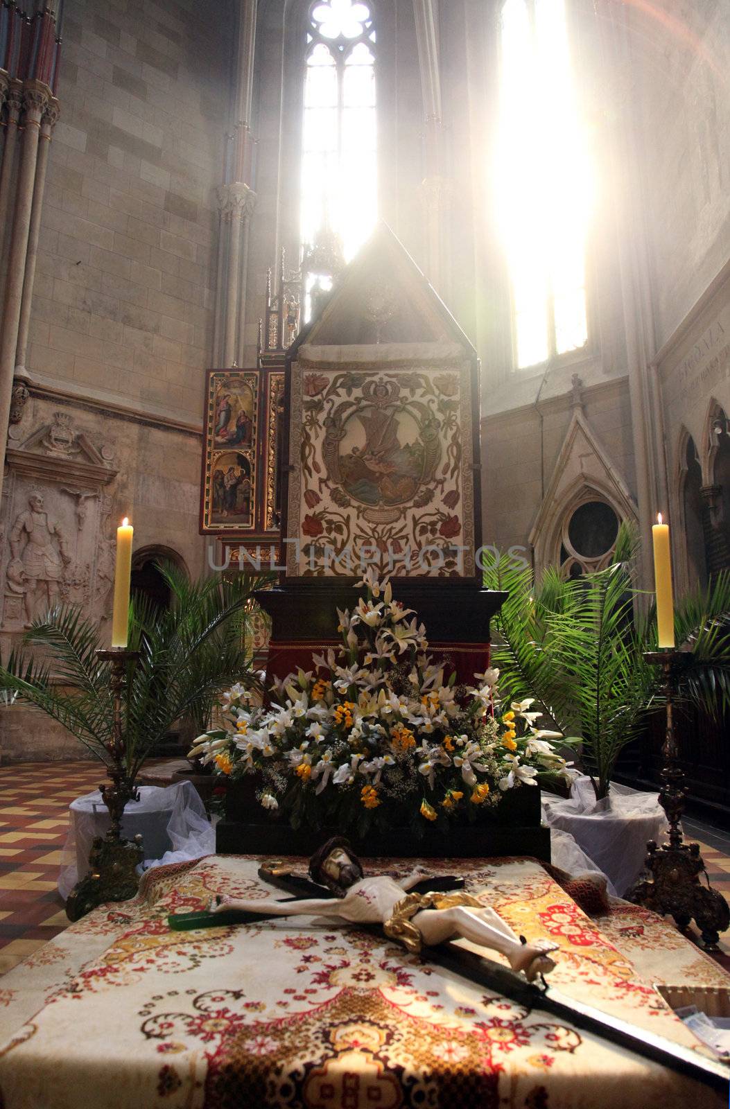 ZAGREB, CROATIA - 11 APRIL: The crucifix in front of God's tomb, was exhibited on Holy Saturday and prepared for veneration in the Zagreb Cathedral, 11 April 2009 in Zagreb, Croatia.