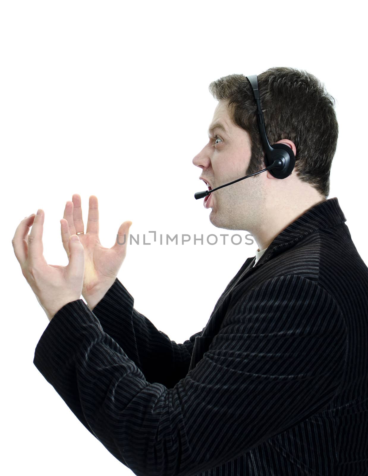 Sports commentator or Customer support with headphones in shock. Isolated on white.