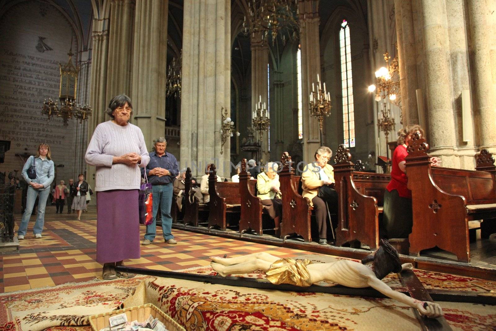 ZAGREB, CROATIA - APRIL 11: On Holy Saturday, people pray in front of God's tomb in the Zagreb Cathedral, April 11, 2009 in Zagreb, Croatia.