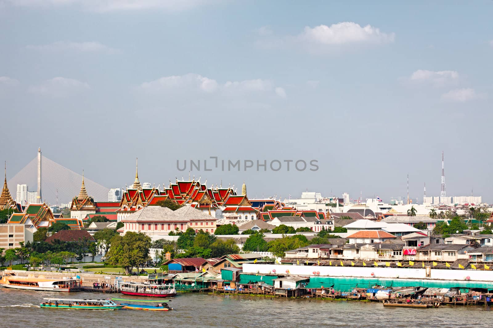 Wat Pho on river, Bangkok, Thailand, aerial view