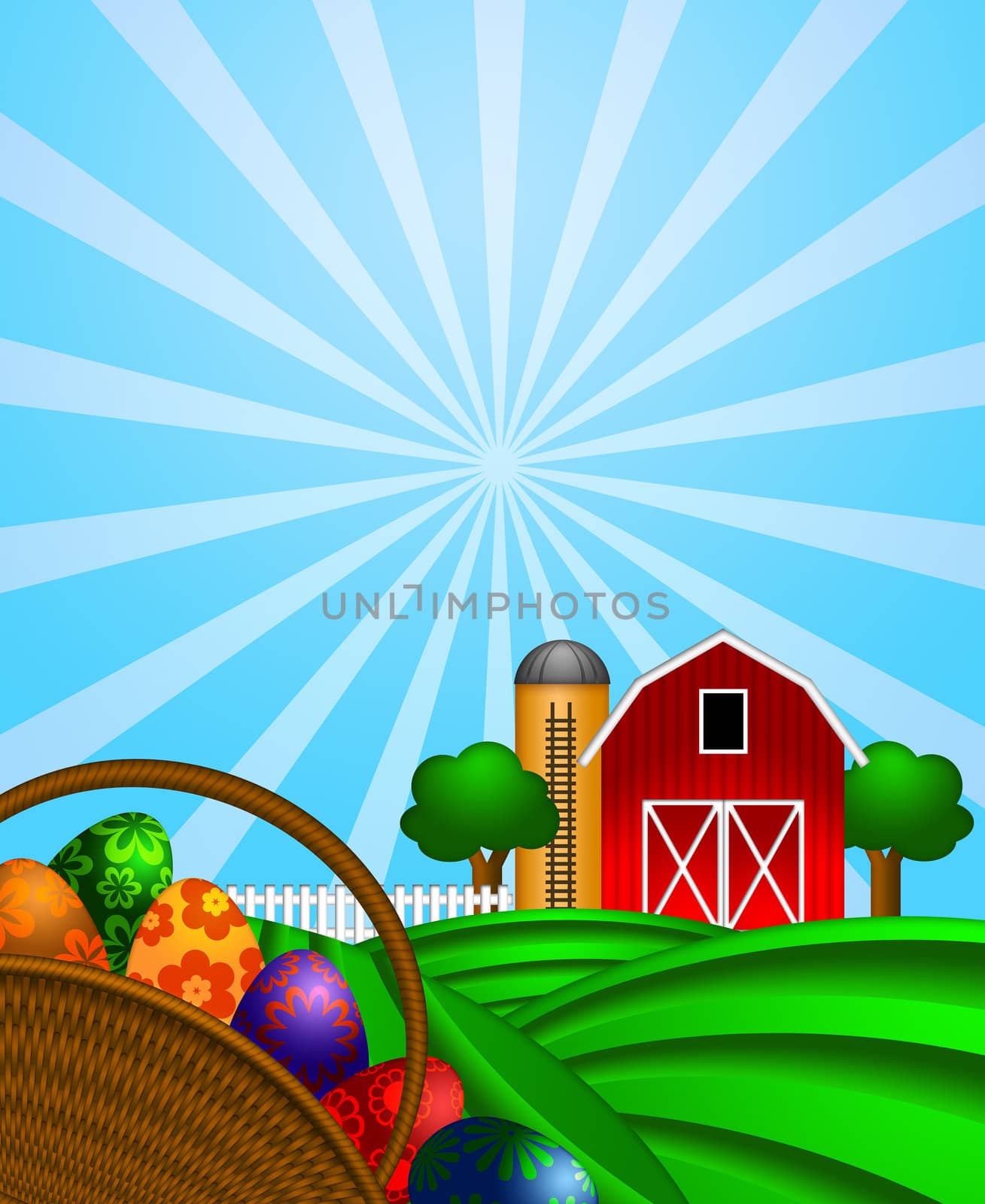 Happy Easter Day Eggs Basket with Red Barn Grain Elevator Silo and Trees on Green Pastures Illustration