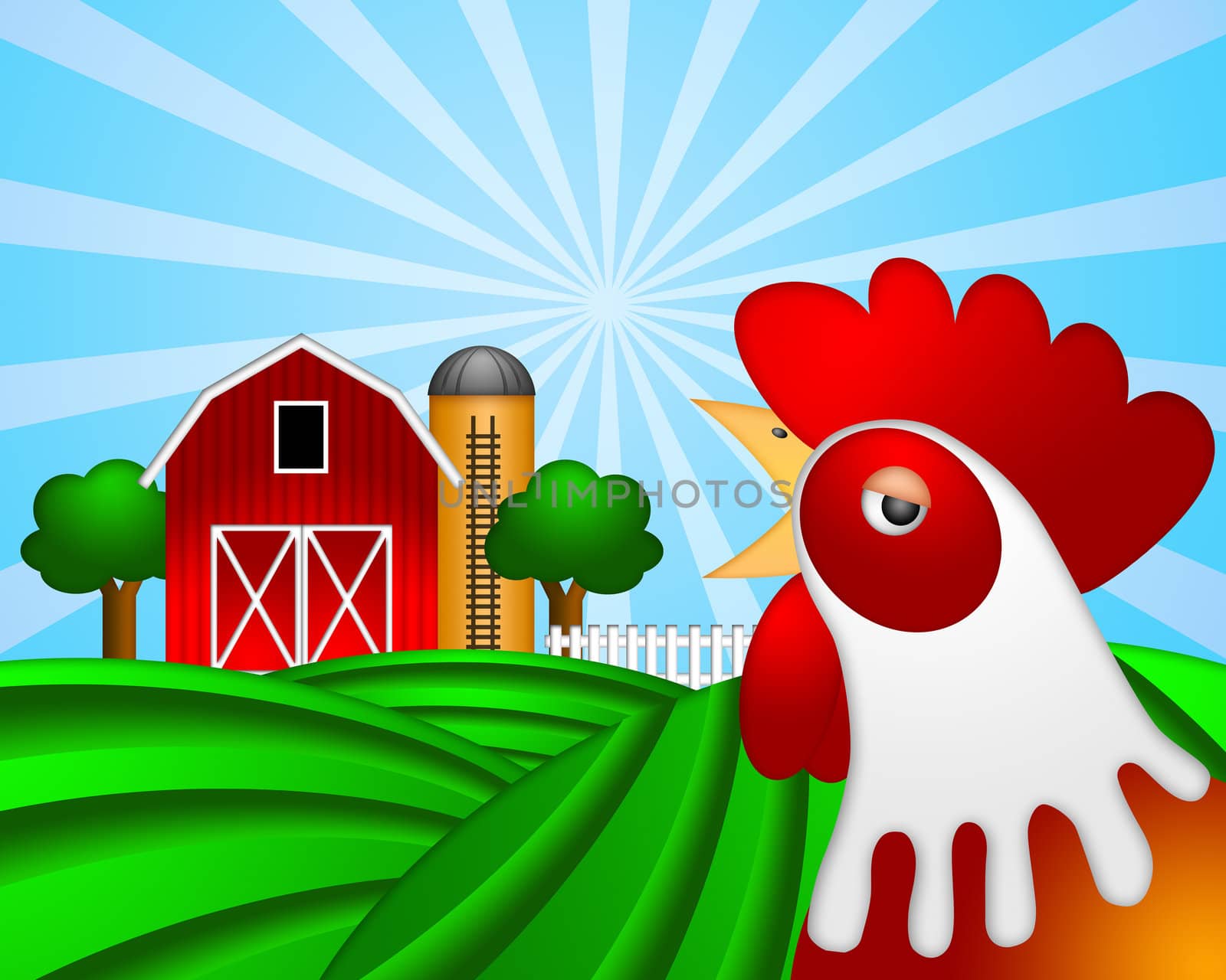 Rooster on Green Pasture with Red Barn with Grain Silo  by jpldesigns