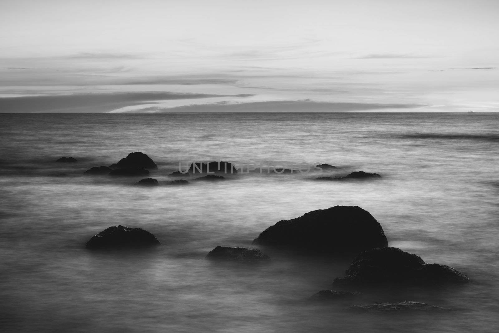 rocks in surf, Andaman Sea, black and white