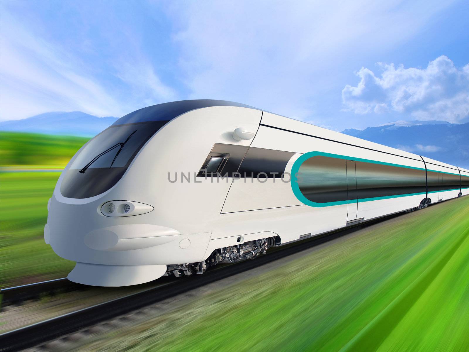 super streamlined train with motion blur moves on countryside