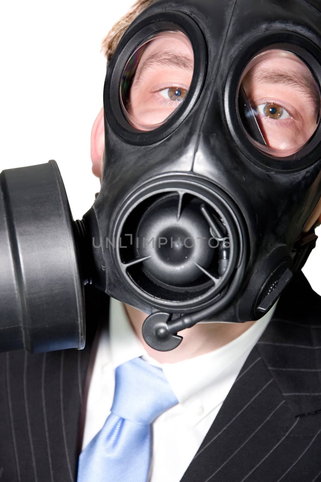 Closeup picture of a man with gasmask and suit on white