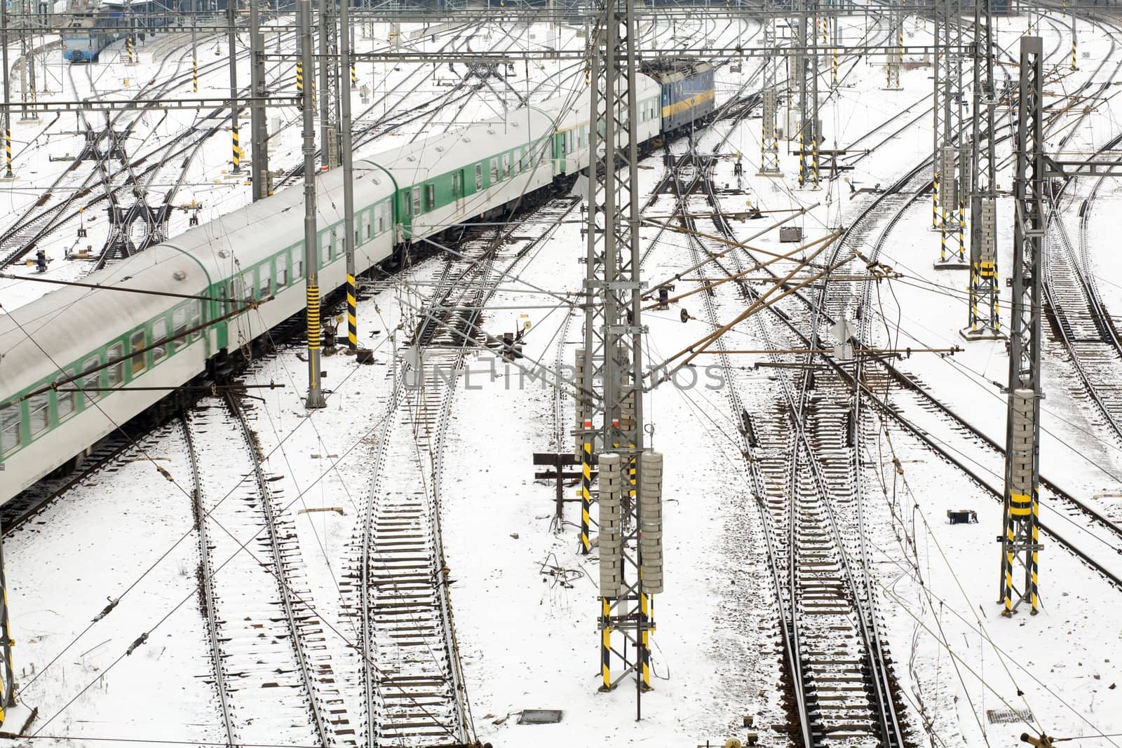 An image of train on railroad bird's-eye view