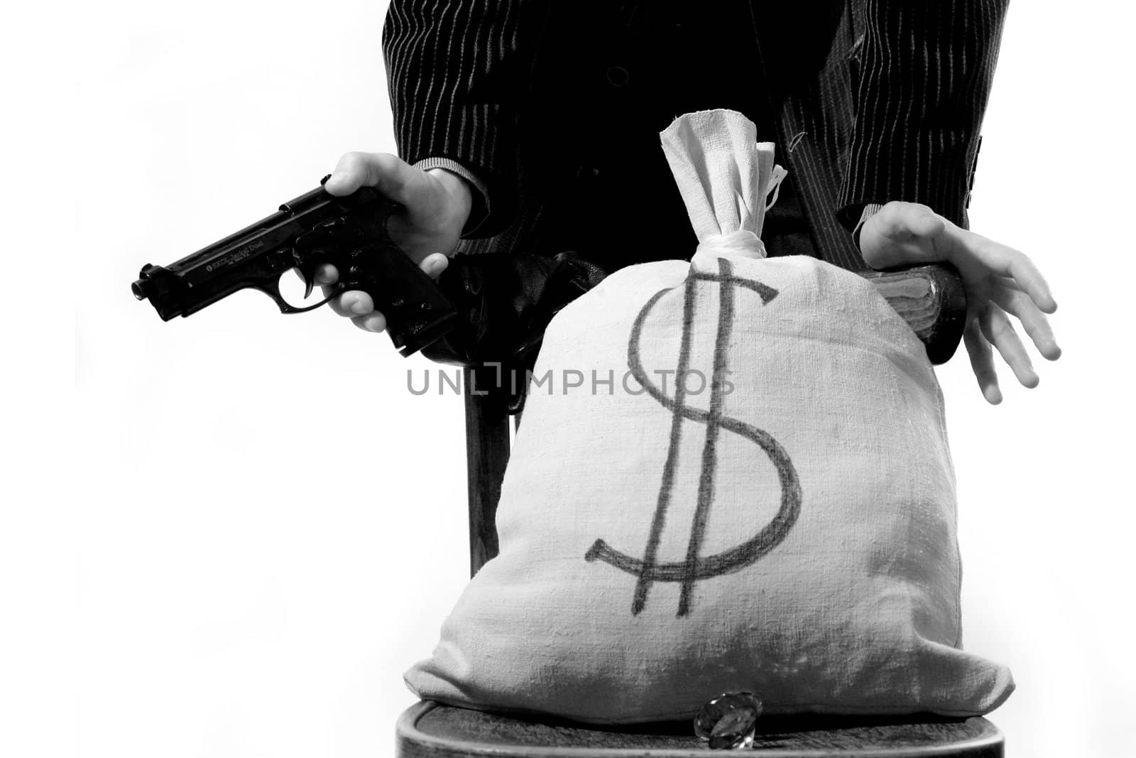 An image of a bag with money and a man standing behind it