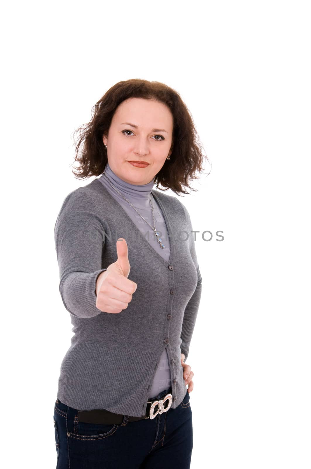 woman shows gesture all right isolated on white background