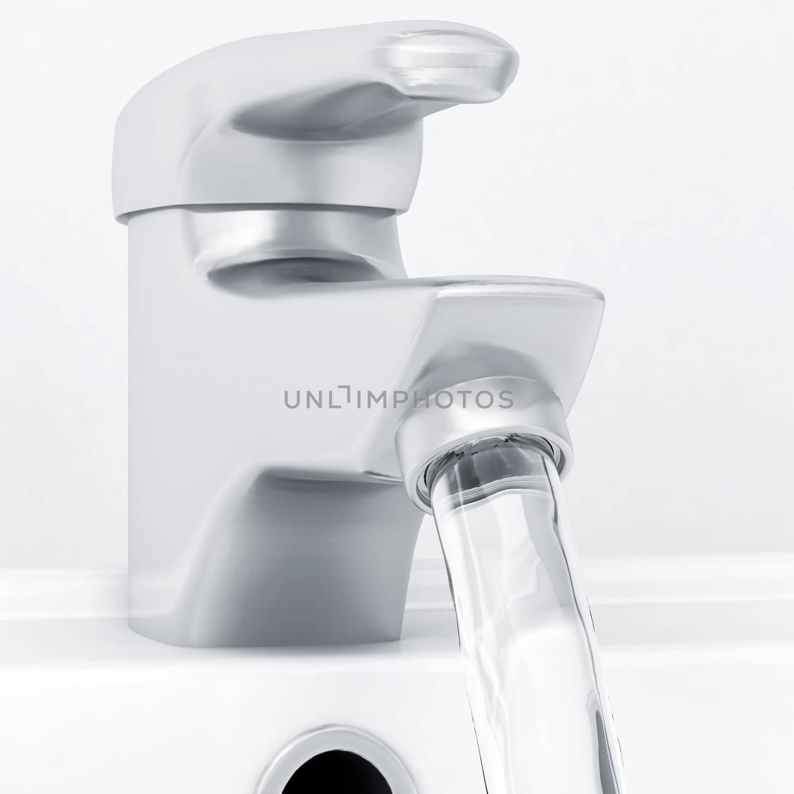 ceramic white washing sink with a modern faucet and flowing water