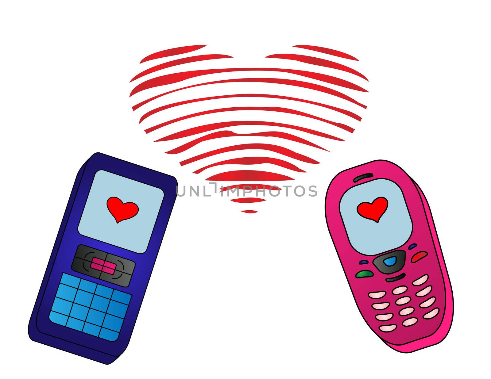 Mobile phones speak on a white background with red valentine hearts, which consists of radio waves