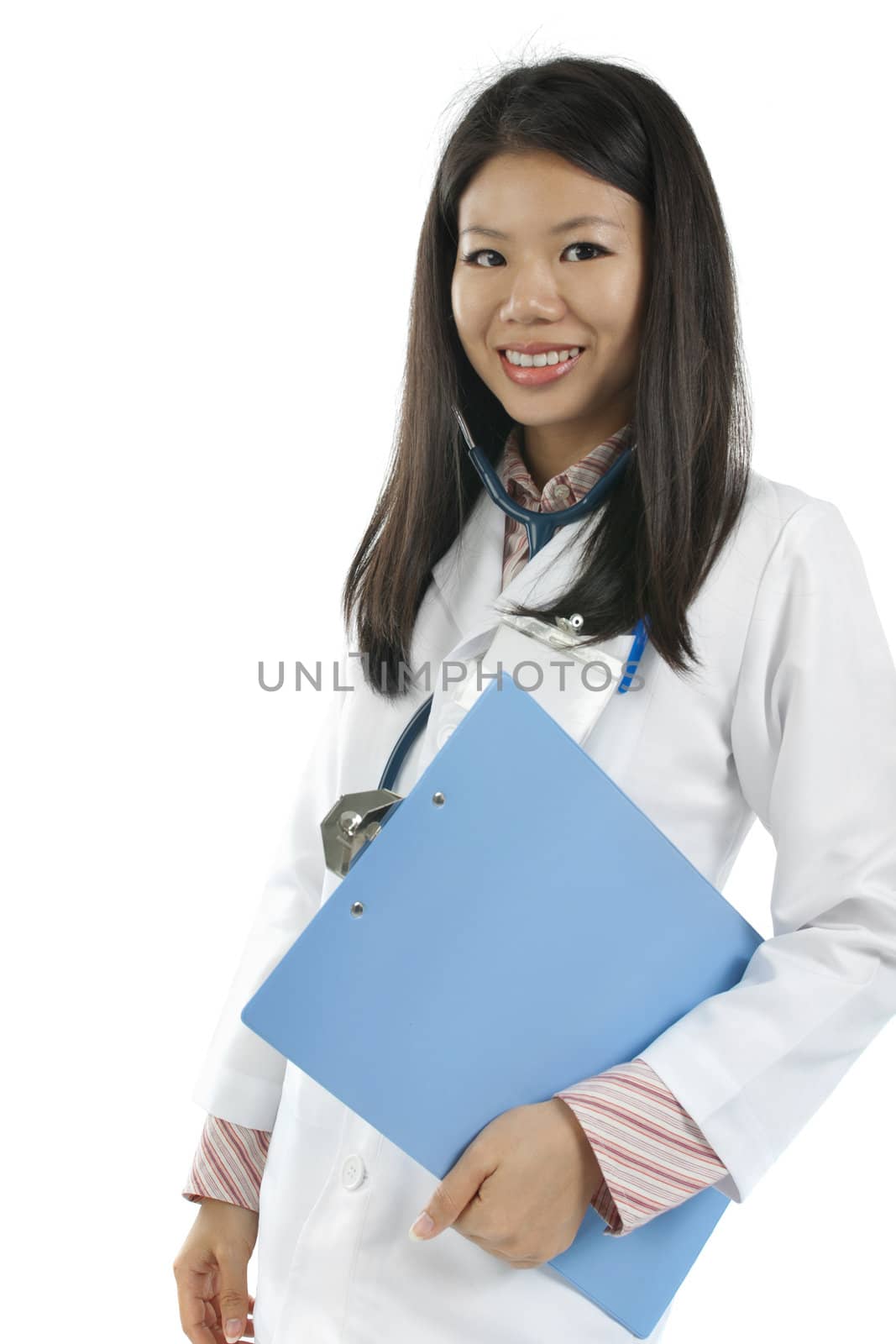 Asian female doctor portrait on white background