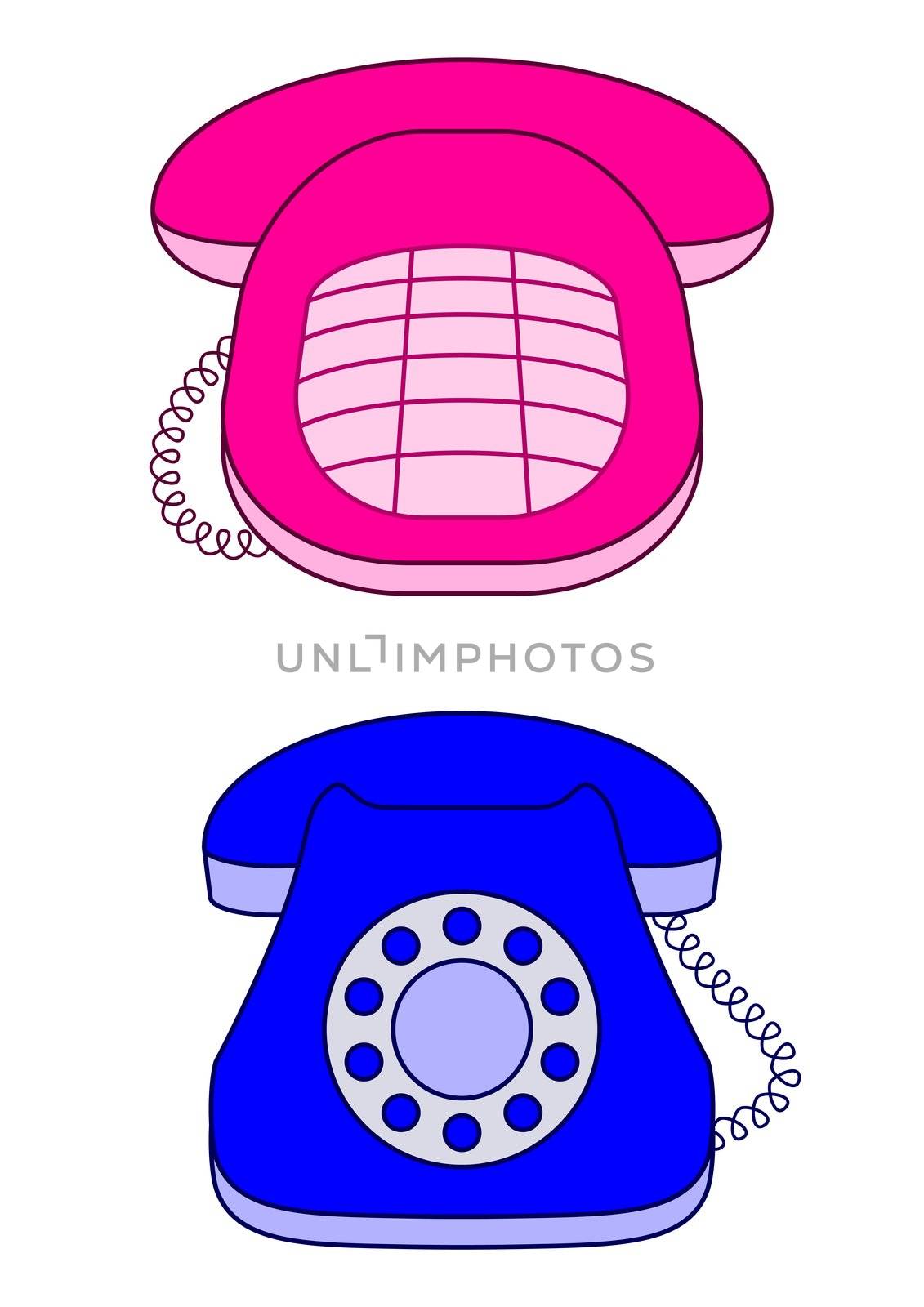 Phone vintage desktop: push-button and dial, pink and blue, isolated on white background