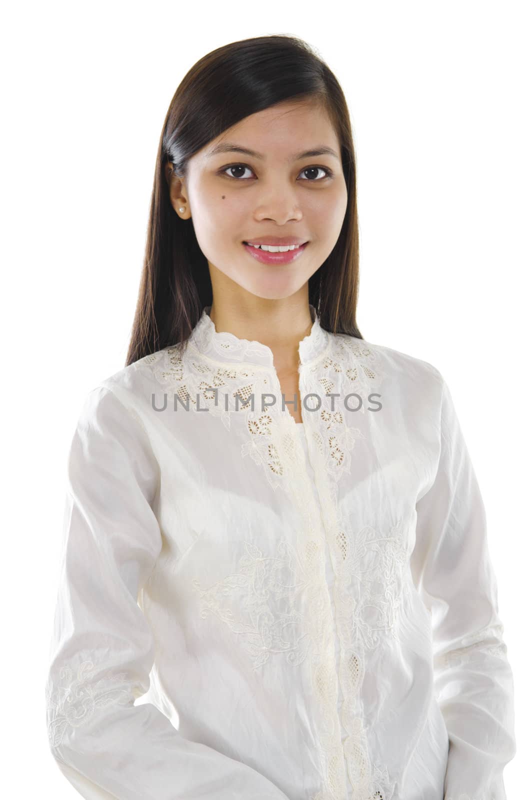 Portrait of a Pan Asian woman on white background