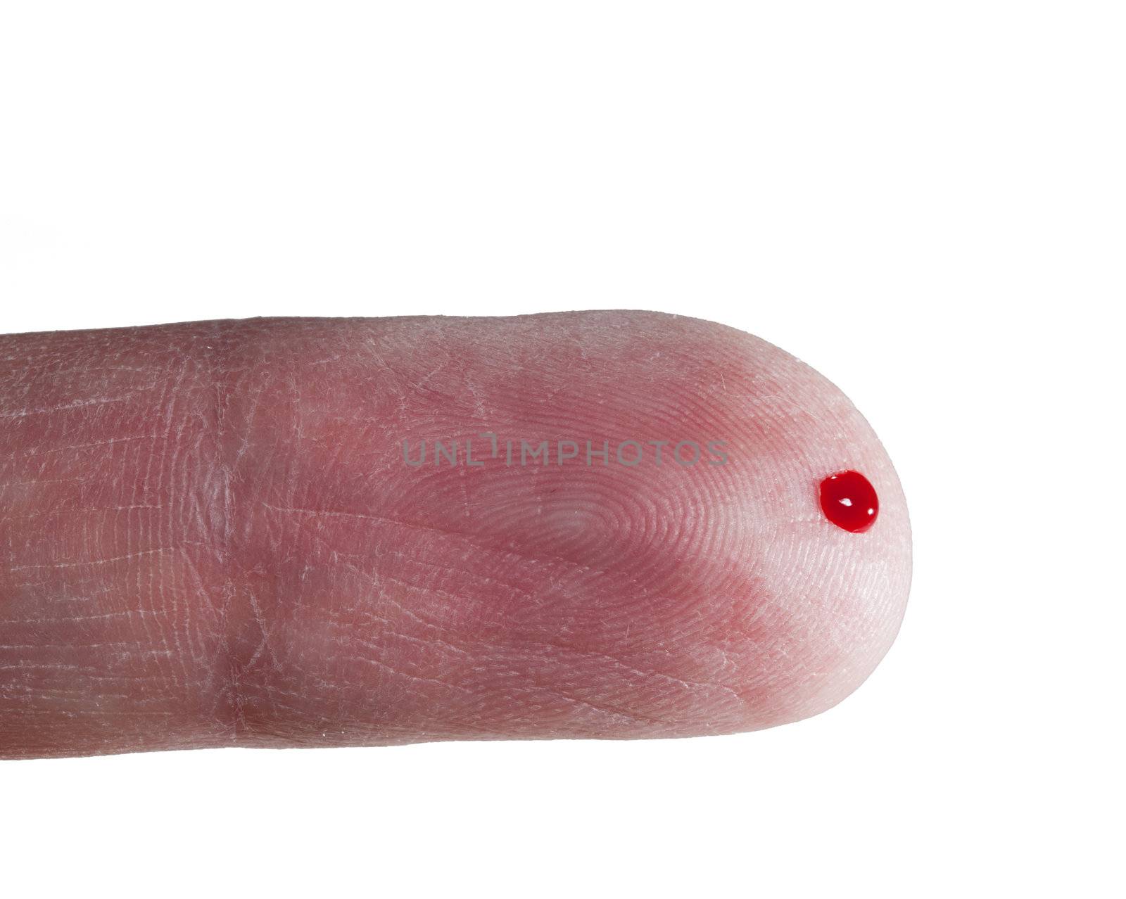 View of finger of senior male with drop of blood ready for test and isolated against white