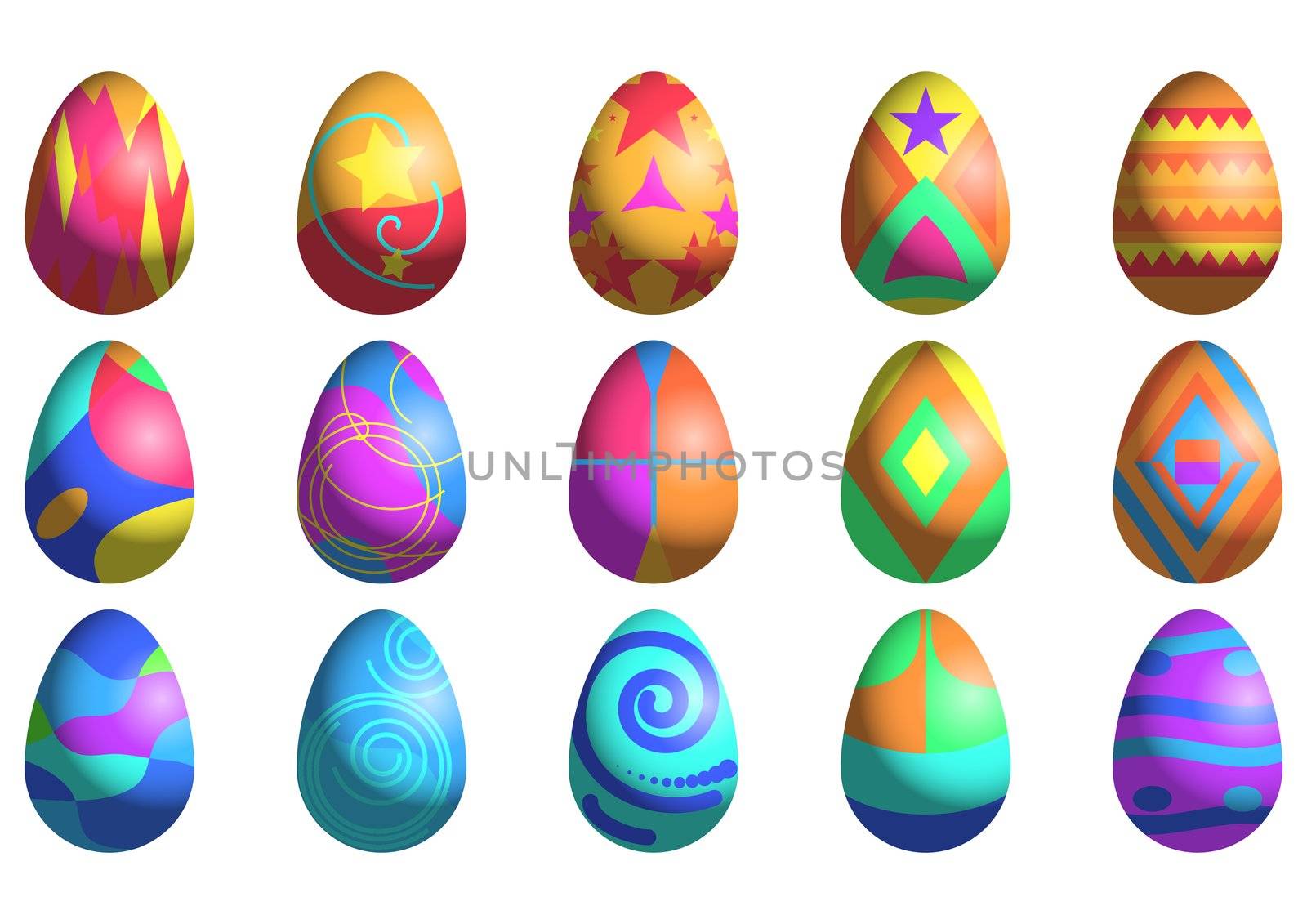 Easter eggs with various colour patterns, set