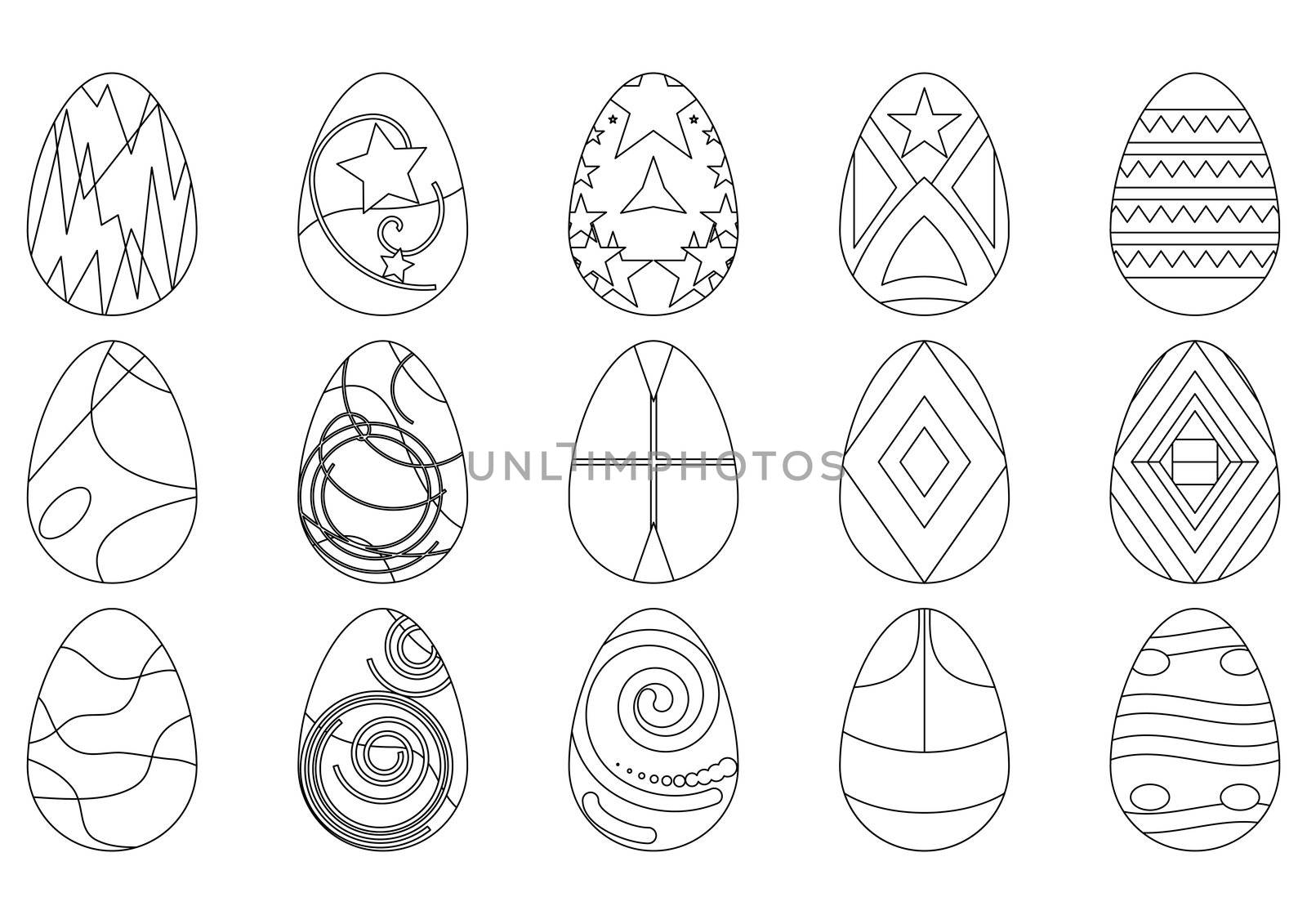 Easter eggs with various patterns, set, contours