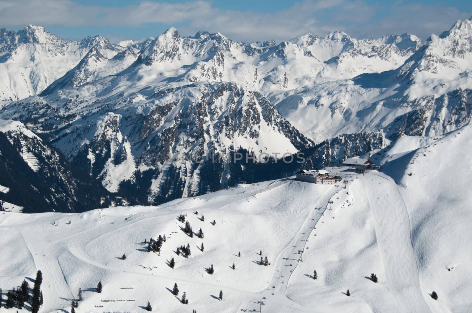 Beautiful winter mountain panorama with ski slopes in Montafon, Austria