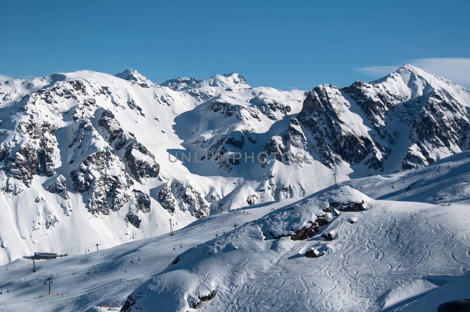 Beautiful winter mountain panorama with ski slopes in Montafon, Austria