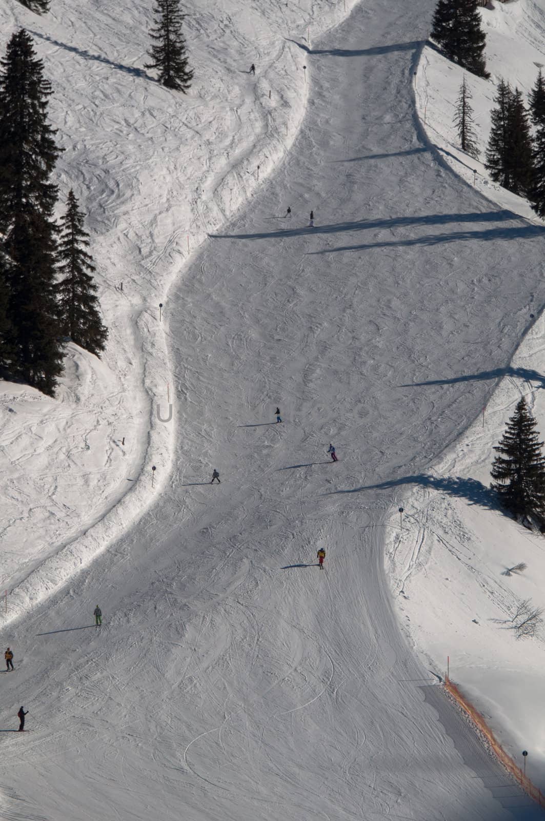Snow covered ski piste surrounded by trees on sunny day at Montafon, Austria