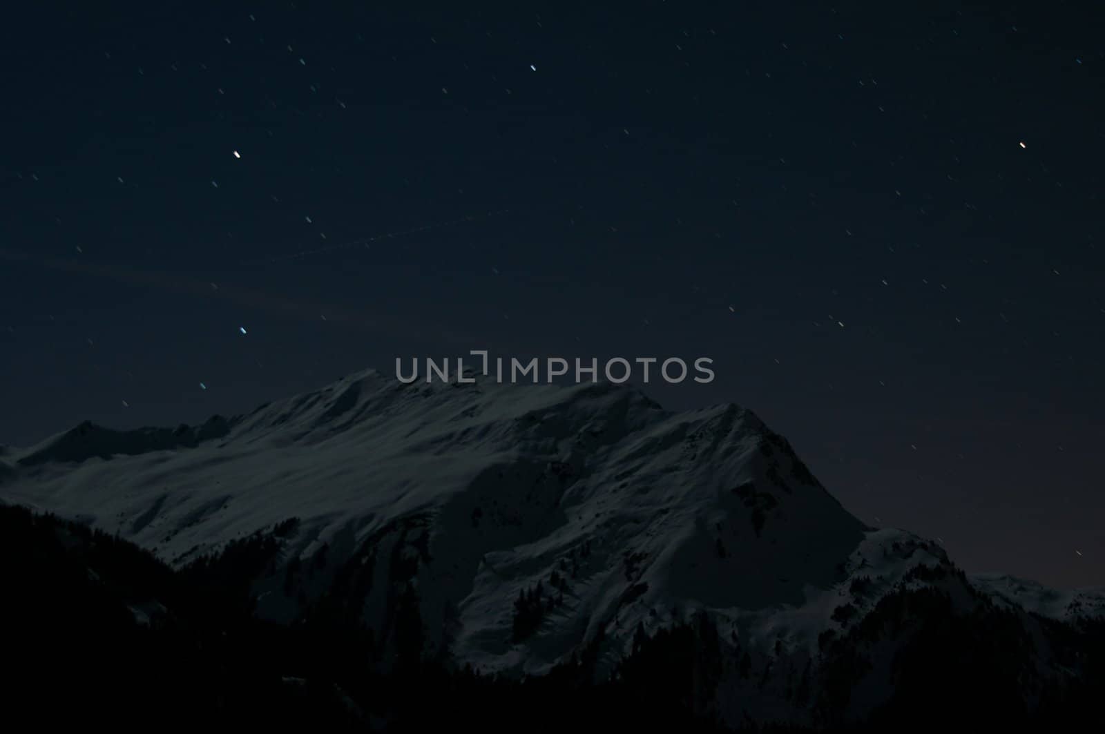 Night panorama of Montafon, Austria with great starry sky