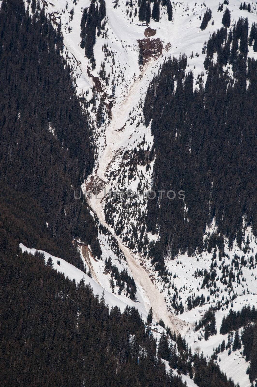 Landslide and avalanches in skiing mountains in early spring in Montafon, Austria