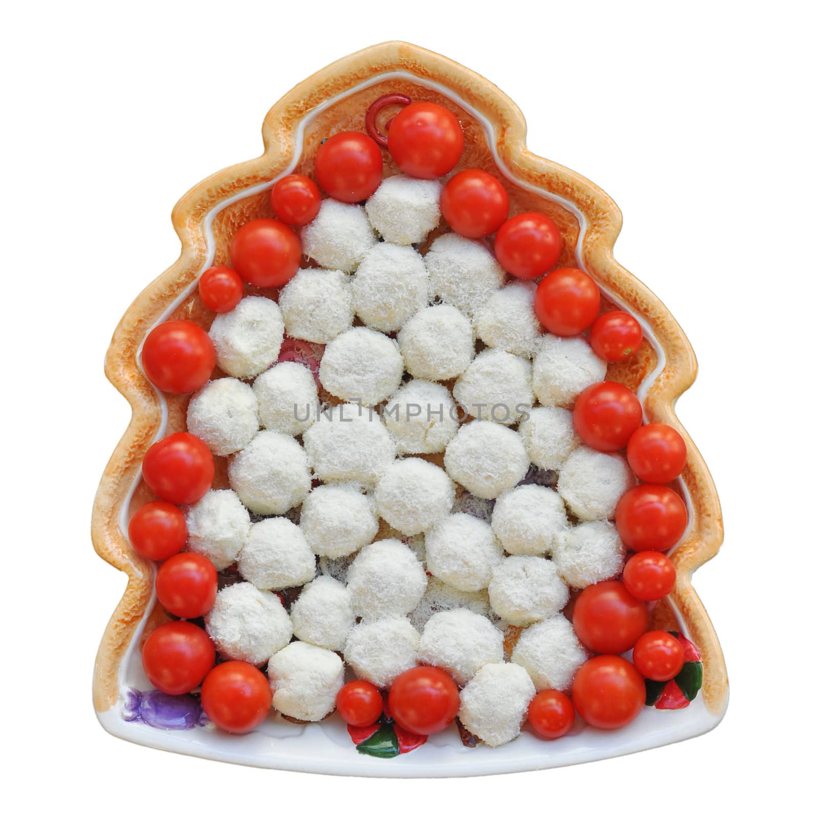 Tomato and cheese food in a dish isolated over white