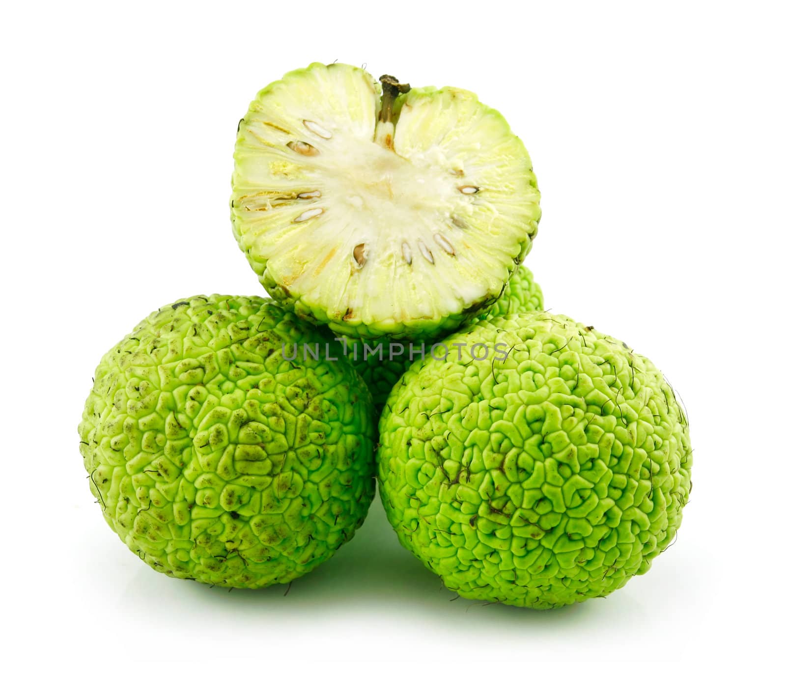 Sliced Osage Oranges (Maclura) Isolated on White by alphacell