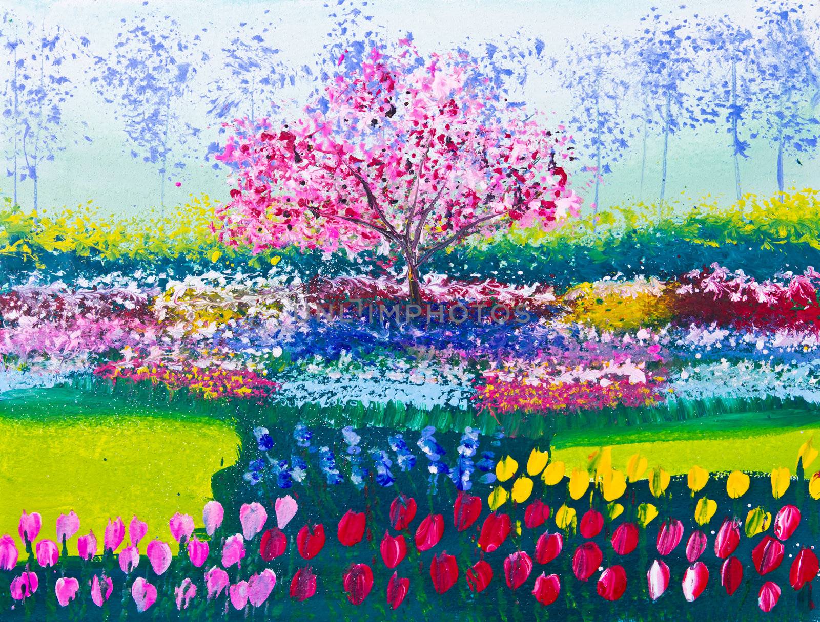 painting of tulip flowers field and tree by tungphoto
