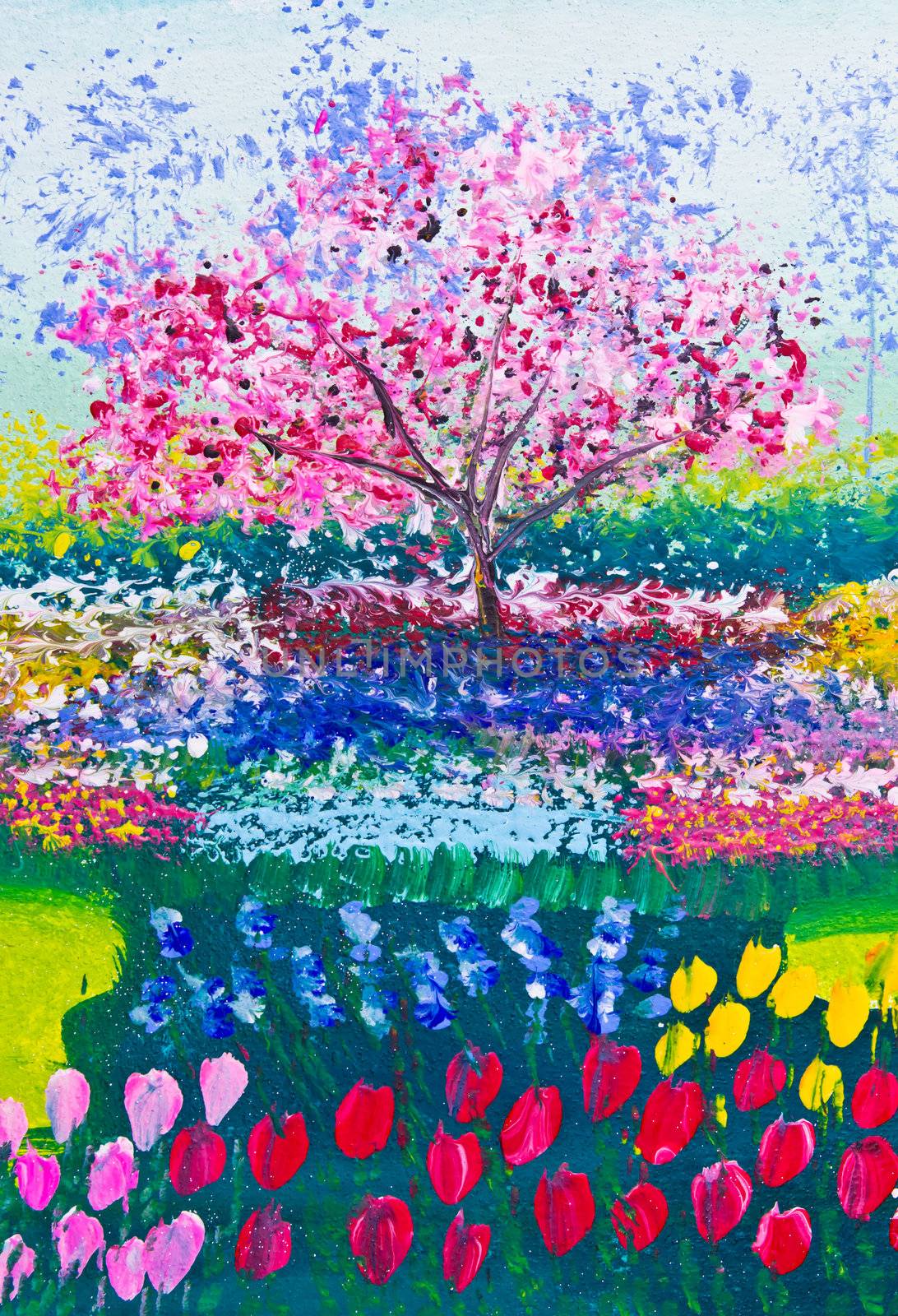 painting of flowers field and tree