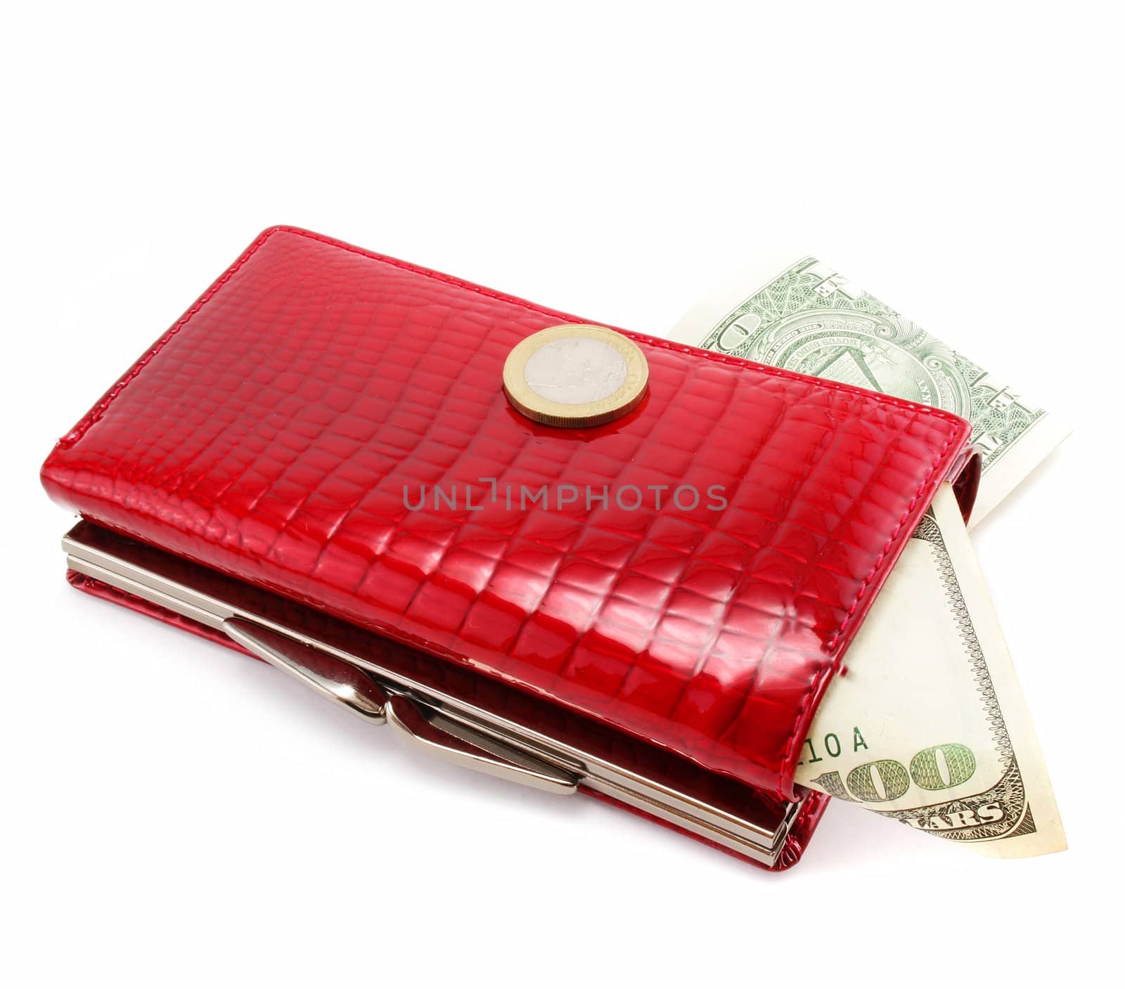 Red purse isolated with money on a white background