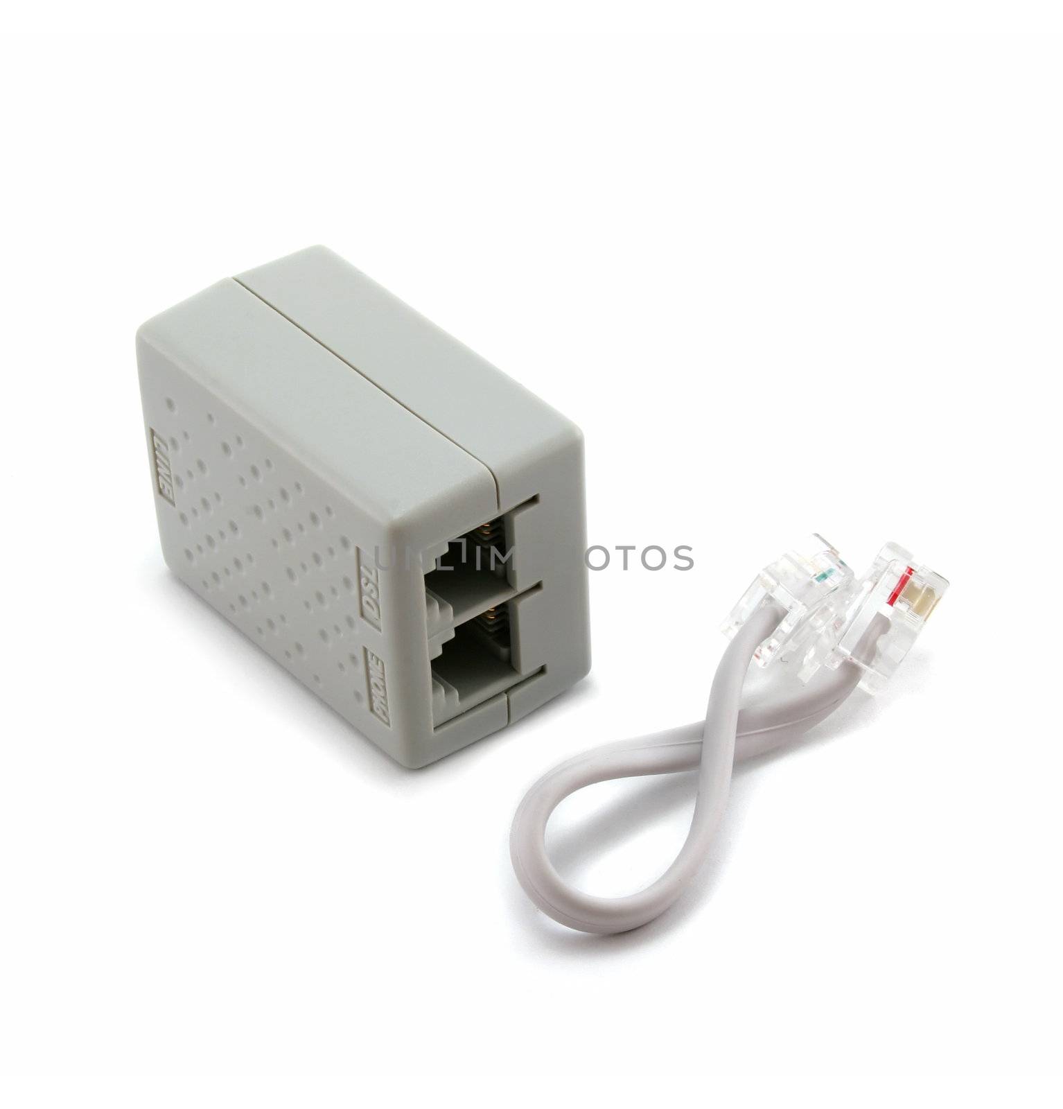 Splitter DSL (Digital Subscriber Line) and telephone patch cord isolated on a white background