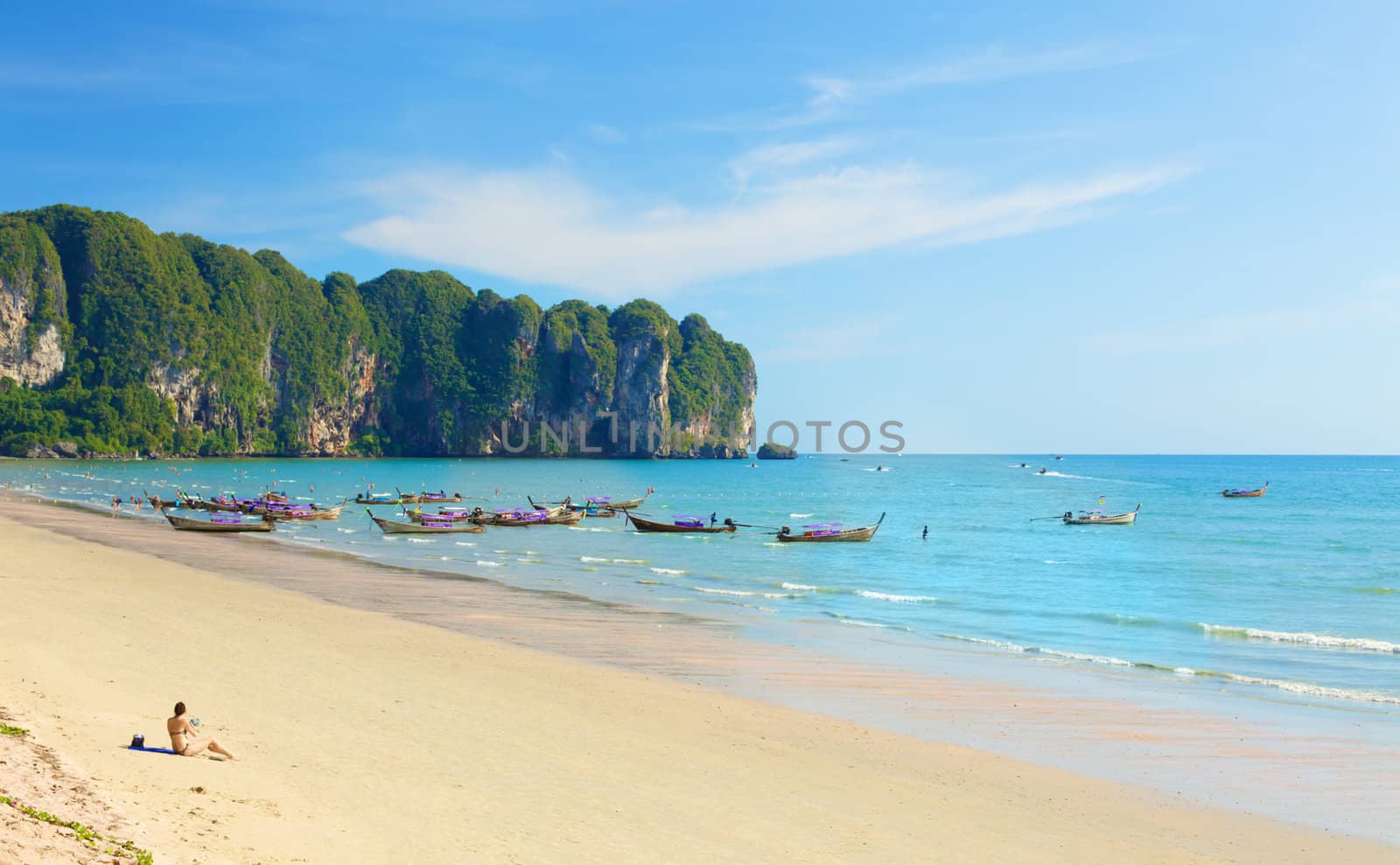 Ao Nang beach with boats, in Krabi, Thailand