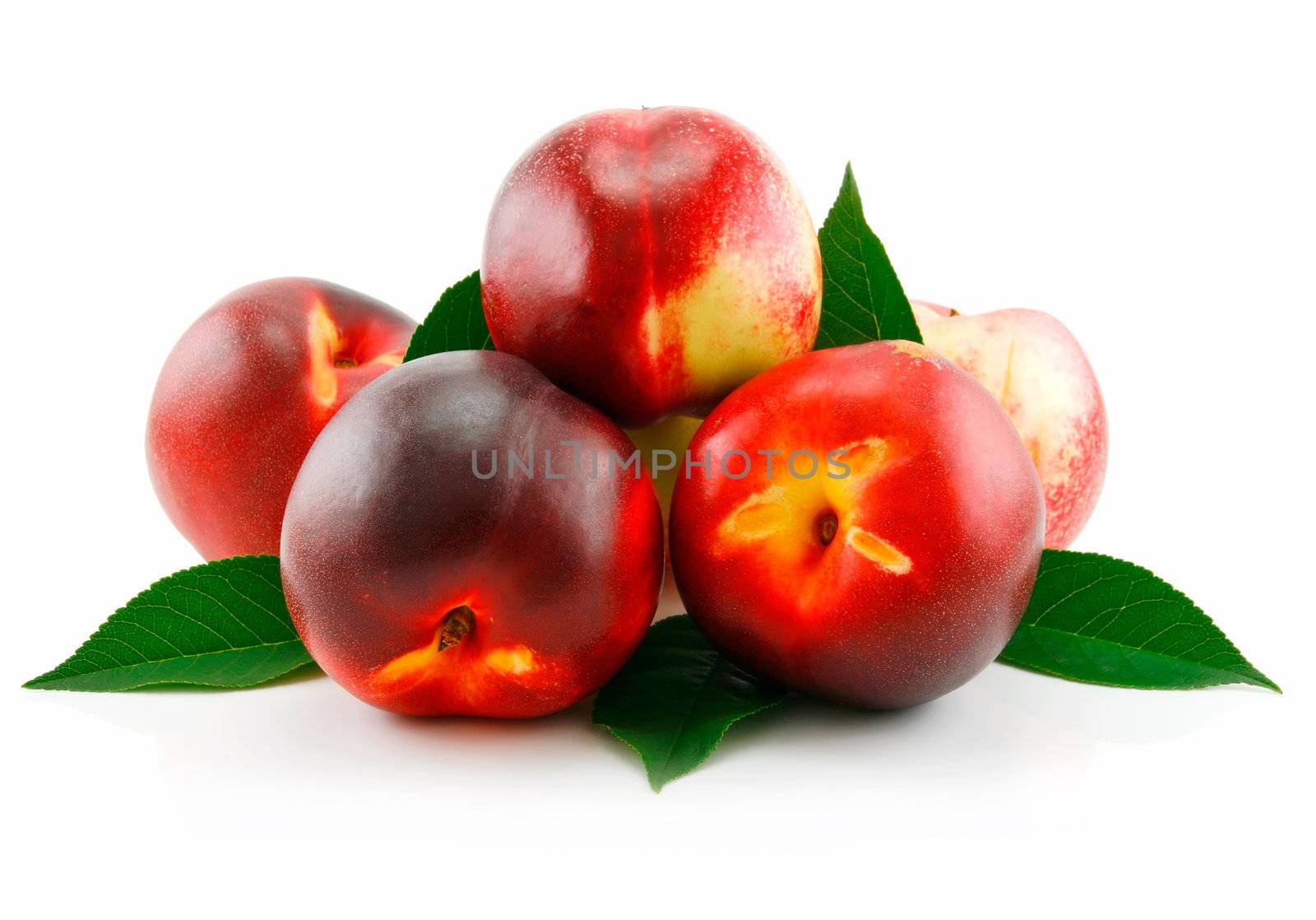 Ripe Peach (Nectarine) with Green Leafs Isolated on White Background