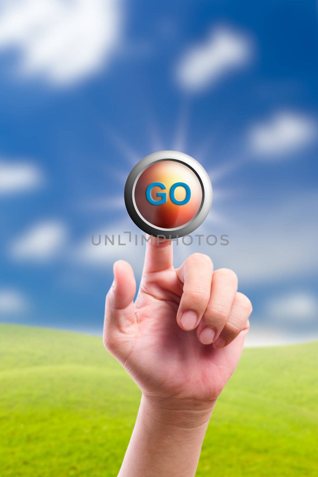 hand pushing go button by tungphoto