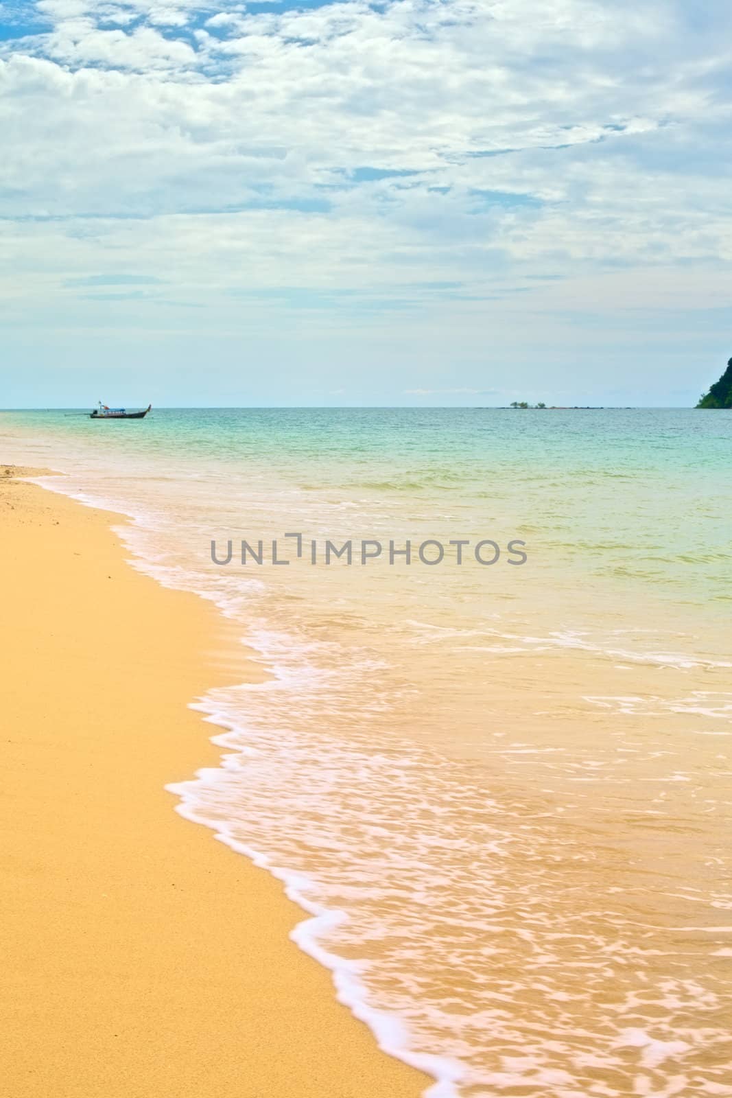 sunny beach, blue ocean and clean sky