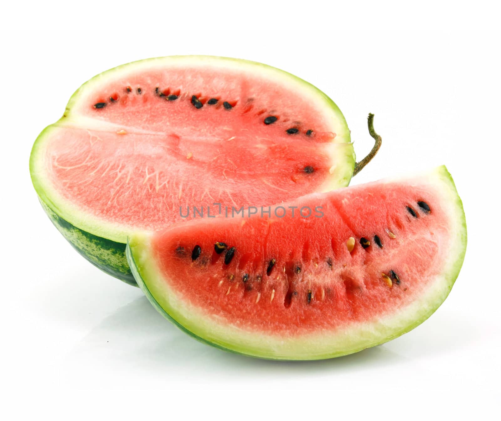 Half and Section of Ripe Sliced Green Watermelon Isolated on White Background