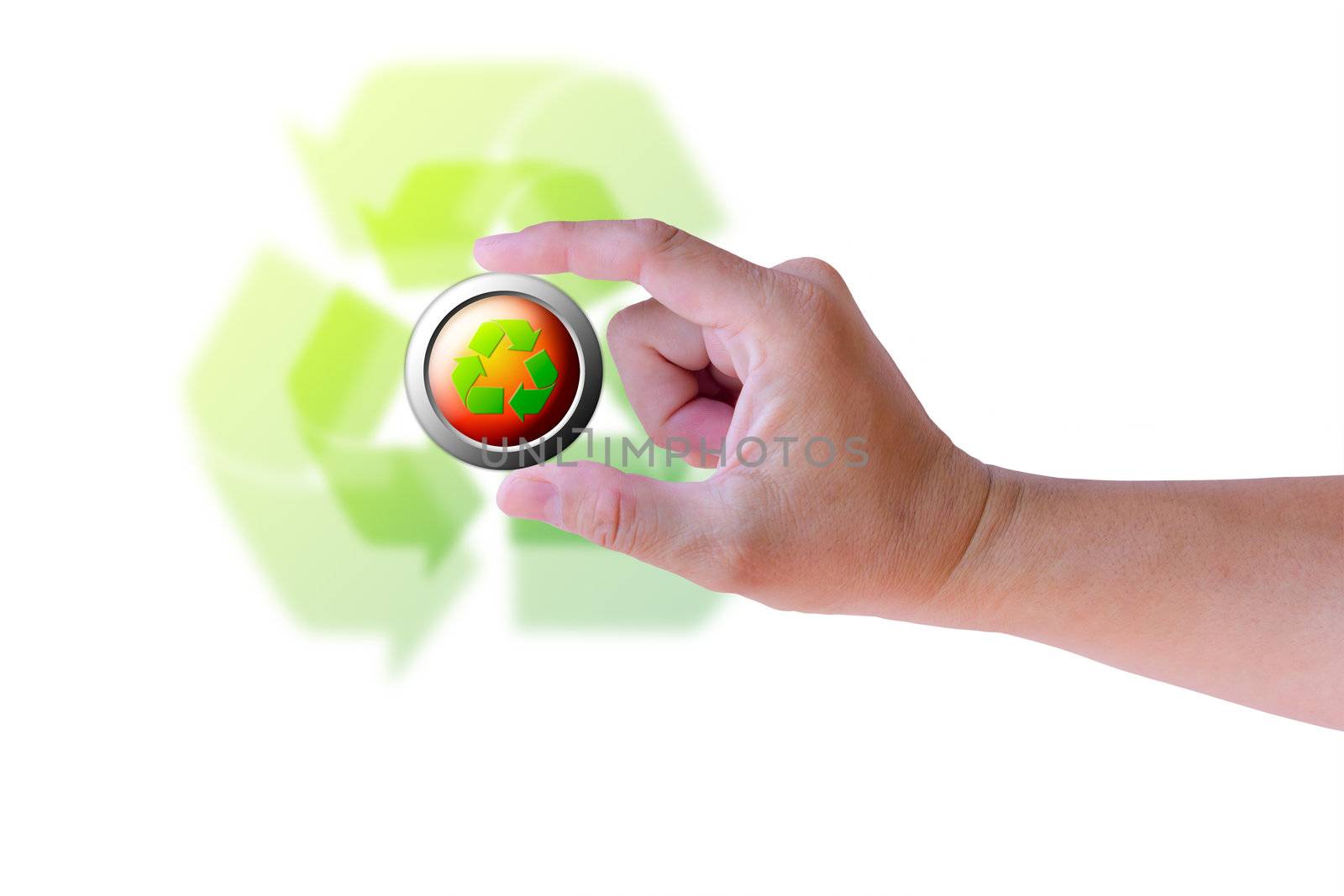 hand holding recycle button isolated by tungphoto