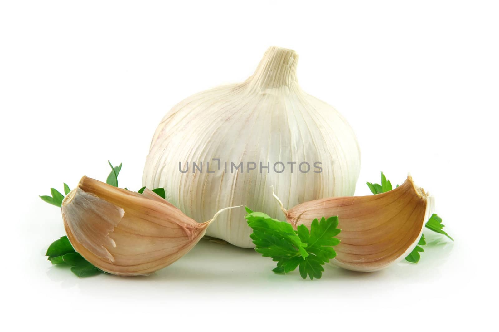 Garlic Vegetable with Green Parsley Leaves Isolated on White Background