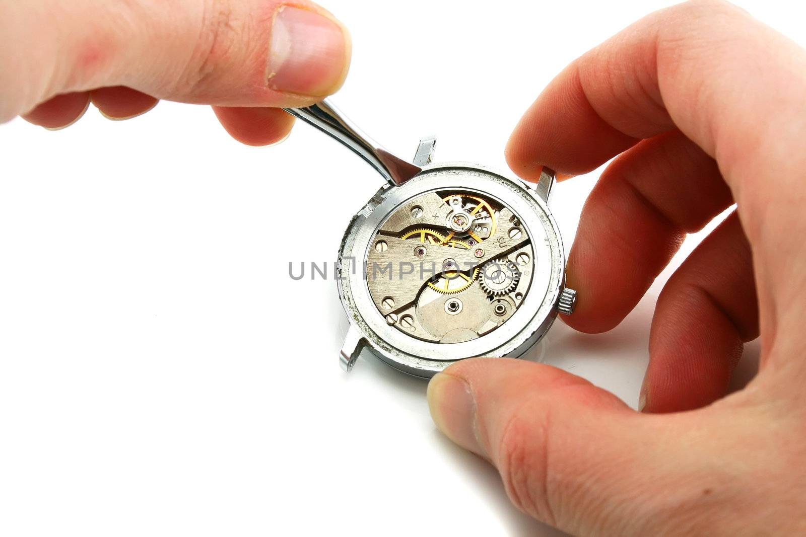 Maintenance of clockwork isolated on a white background