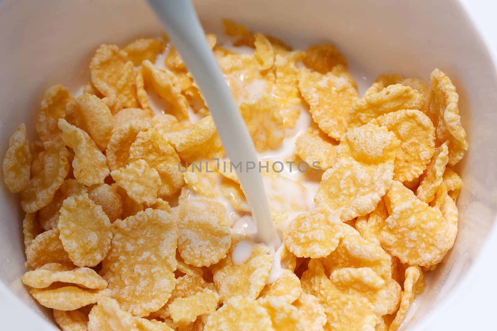 corn flakes with milk in bowl