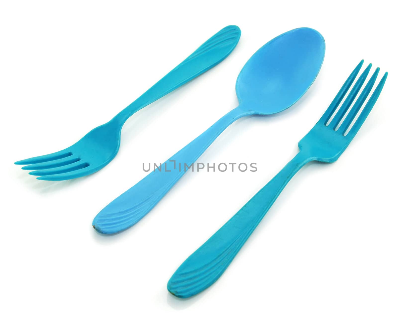 Two blue forkes and spoon isolated on a white background