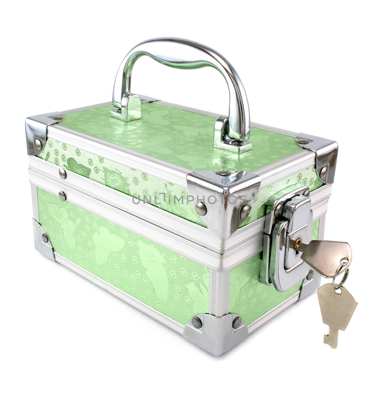 Light green trunk with keys isolated on a white background