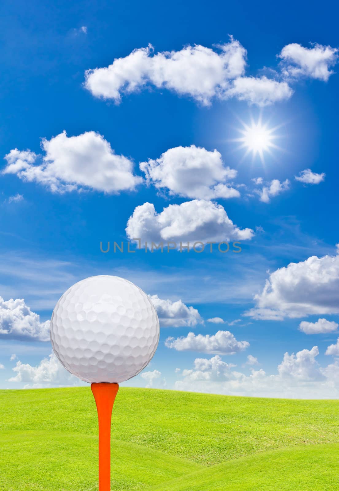 golf ball and tee on green grass by tungphoto