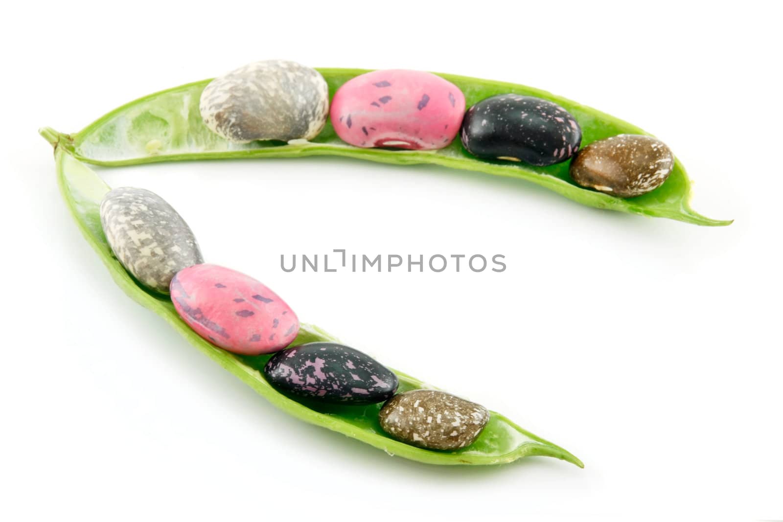 Ripe Haricot Beans with Seed and Leaves Isolated on White Background