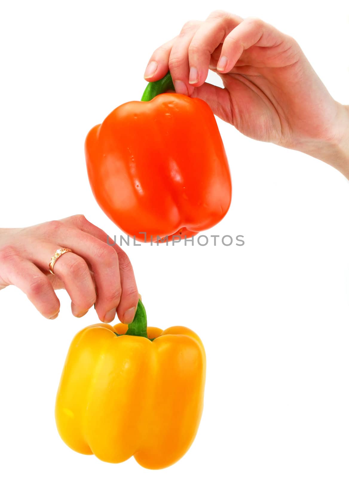 Woman's hands holds two colored paprika isolated by alphacell
