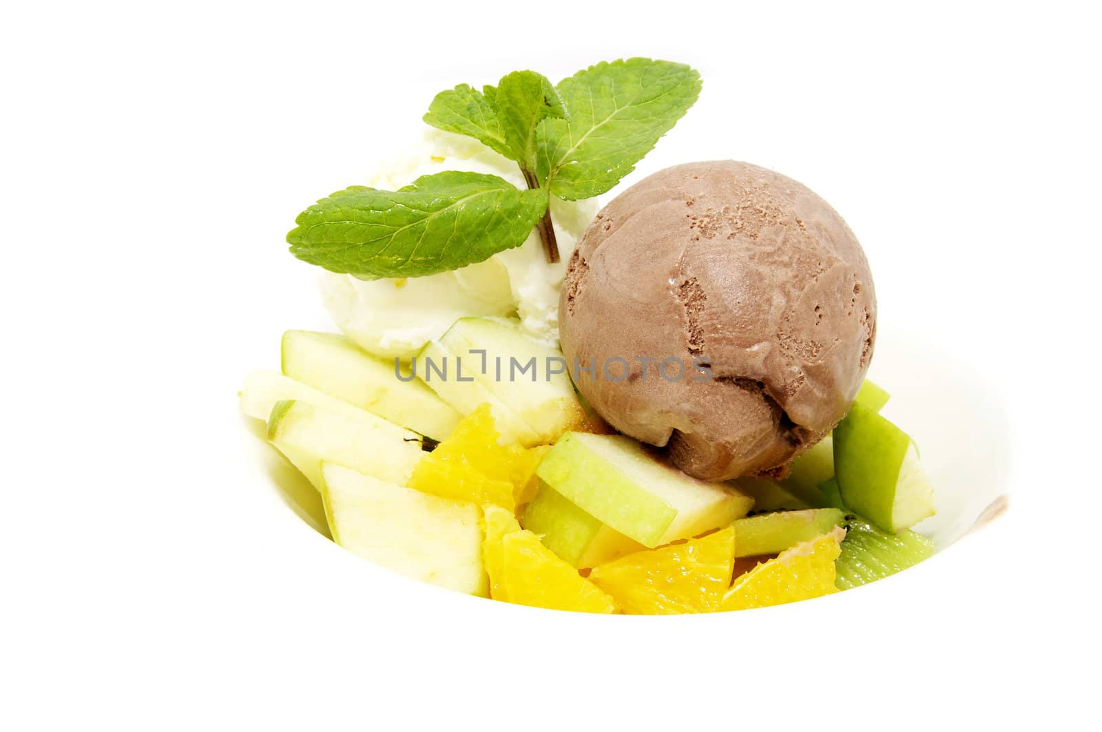 a plate of ice cream and fruit on a white background